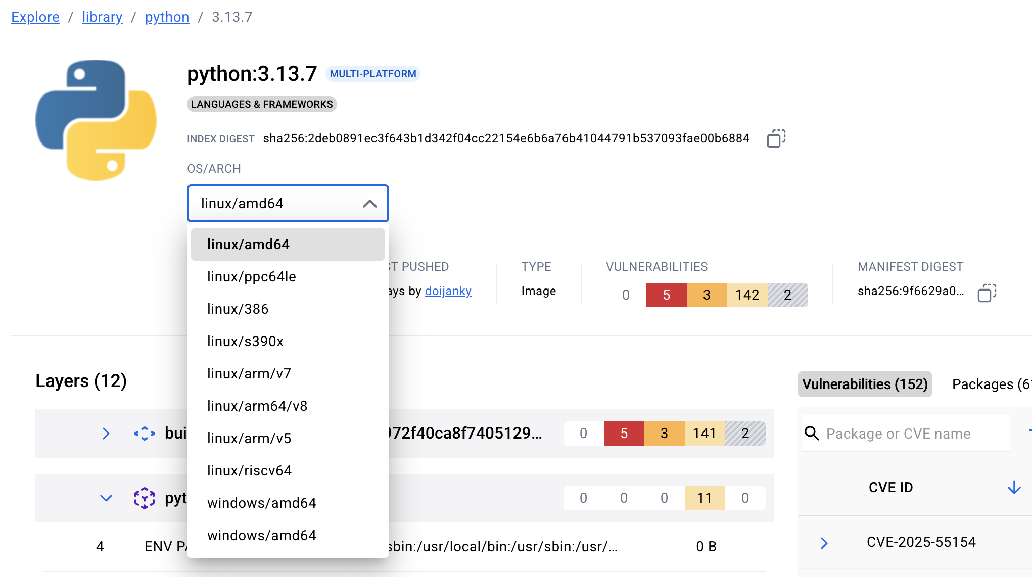 도커 허브에 표시된 linux/arm64 아키텍처용 이미지 매니페스트 정보