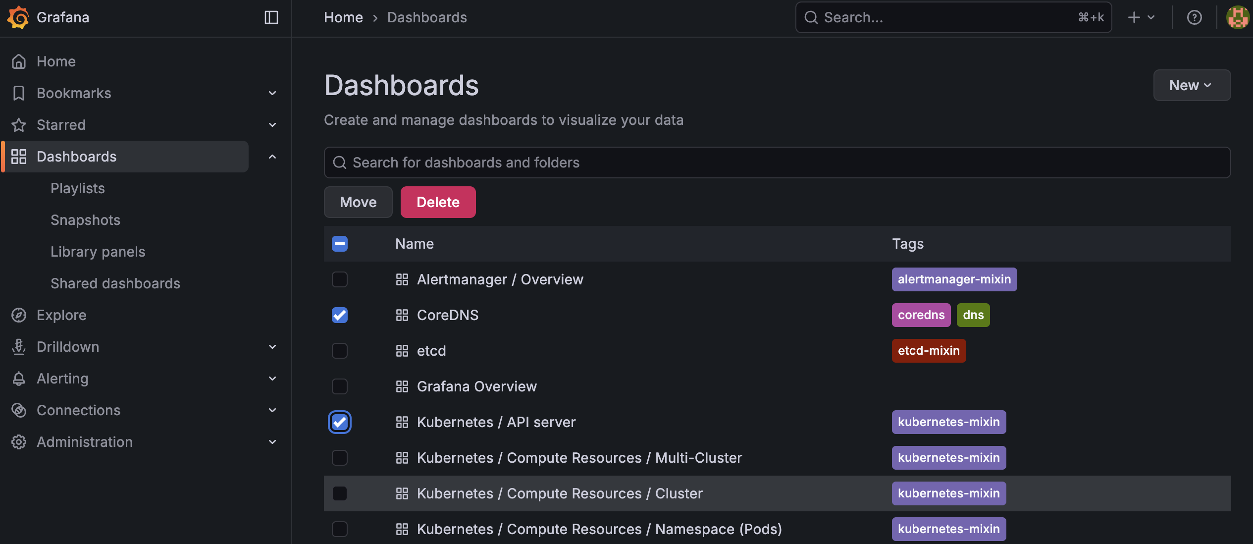 대시보드 종류 선택